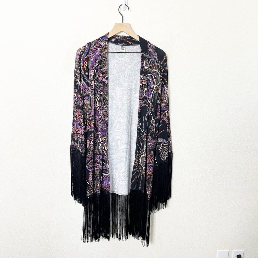 Temple Ro Festival Fringe Robe Kimono Cardigan Open‎ Front Purple Black One Size